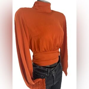 OPEN EDIT open tie-Back MOCK neck BLOUSE top in SIENNA puff SLEEVE  - GUC! S